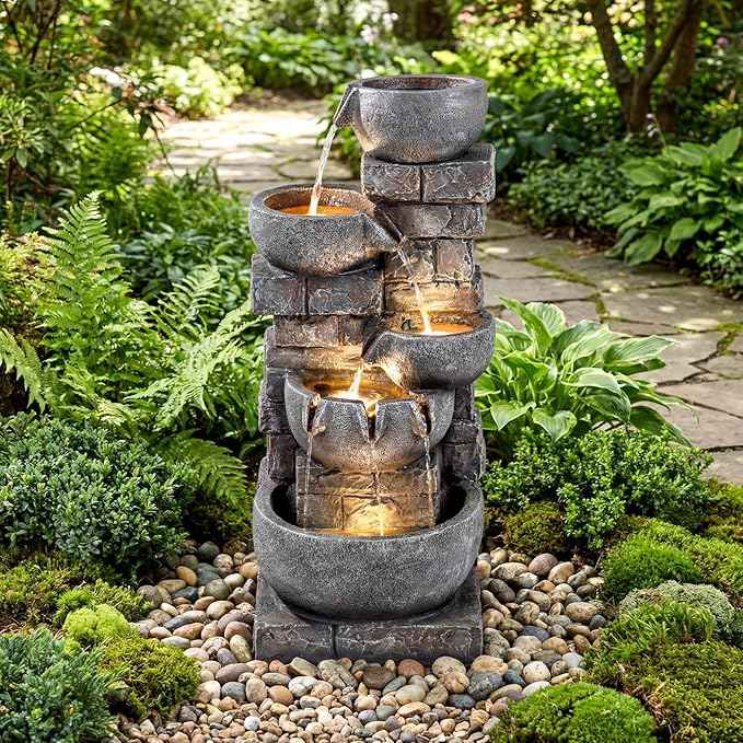 Giantex 33'' Water Fountain Outdoor, 5-Tier Cascading Stacked Stone Bowl Waterfall Fountain with LED Lights & Pump, Outside Water Feature for Patio, Balcony, Deck, Garden, Yard Decor
