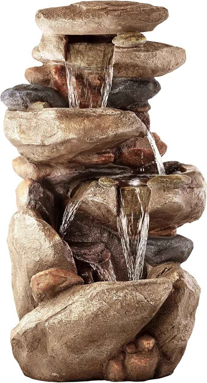 Alpine Corporation 40" Tall Floor Fountain, Tiered Rock Water Feature with Color-Changing LED & Remote, Cascading Streams for a Tranquil Garden, Patio, Yard, Deck, or Porch, Light Brown