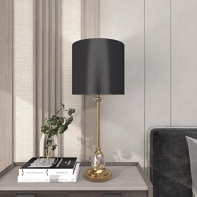 Deco 79 Metal Room Buffet Lamp Table Lamp with Black Shade and Crystal Accent, Lamp 12" x 12" x 31", Gold