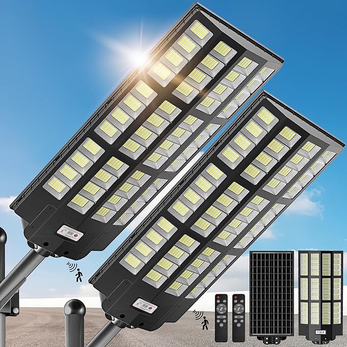 10000W Solar Street Lights, 7000K Solar Lights Outdoor Motion Sensor, Commercial Parking Lot Light Dusk to Dawn, 320° Wide Angle Solar Street Lights Outdoor IP66 Waterproof for Yard(2 Pack)