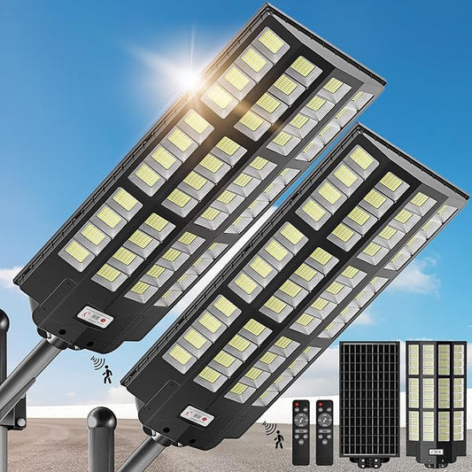10000W Solar Street Lights, 7000K Solar Lights Outdoor Motion Sensor, Commercial Parking Lot Light Dusk to Dawn, 320° Wide Angle Solar Street Lights Outdoor IP66 Waterproof for Yard(2 Pack)
