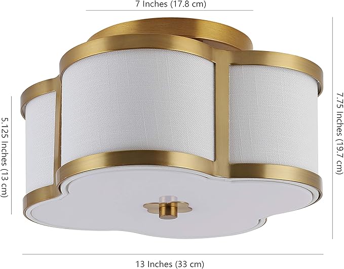 JONATHAN Y 13" Brass Gold Modern Scalloped LED Flush Mount Ceiling Light Fixture, White Linen Shade Quatrefoil Chandelier for Bedroom Living Room Kitchen Hallway Foyer (JYL9507B)
