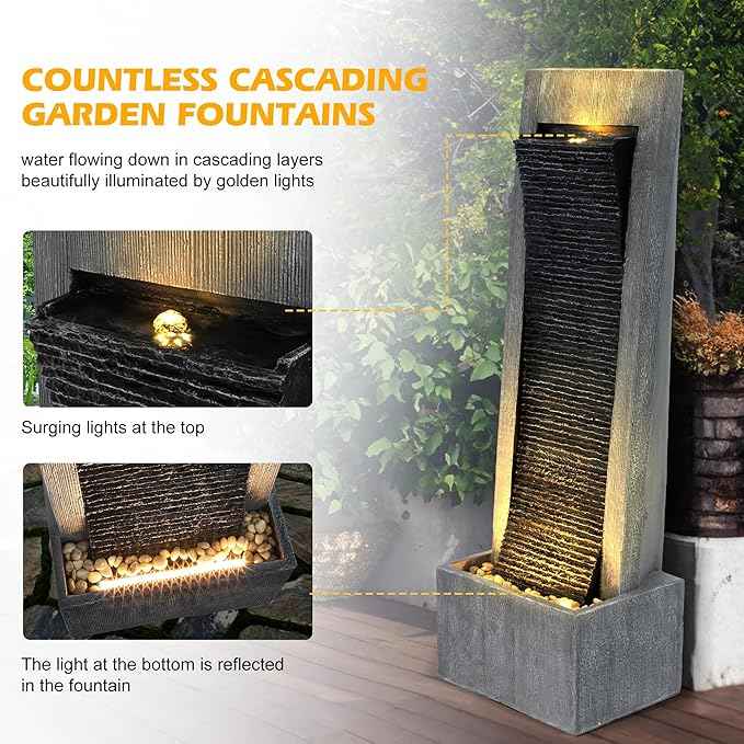 TITIMO 49.6''H Cascading Rock Water Fountain Outdoor Garden Waterfall with Lights, Fountain Indoor Decor for Garden, Patio, Backyard, Deck, Porch and Home Art Decor