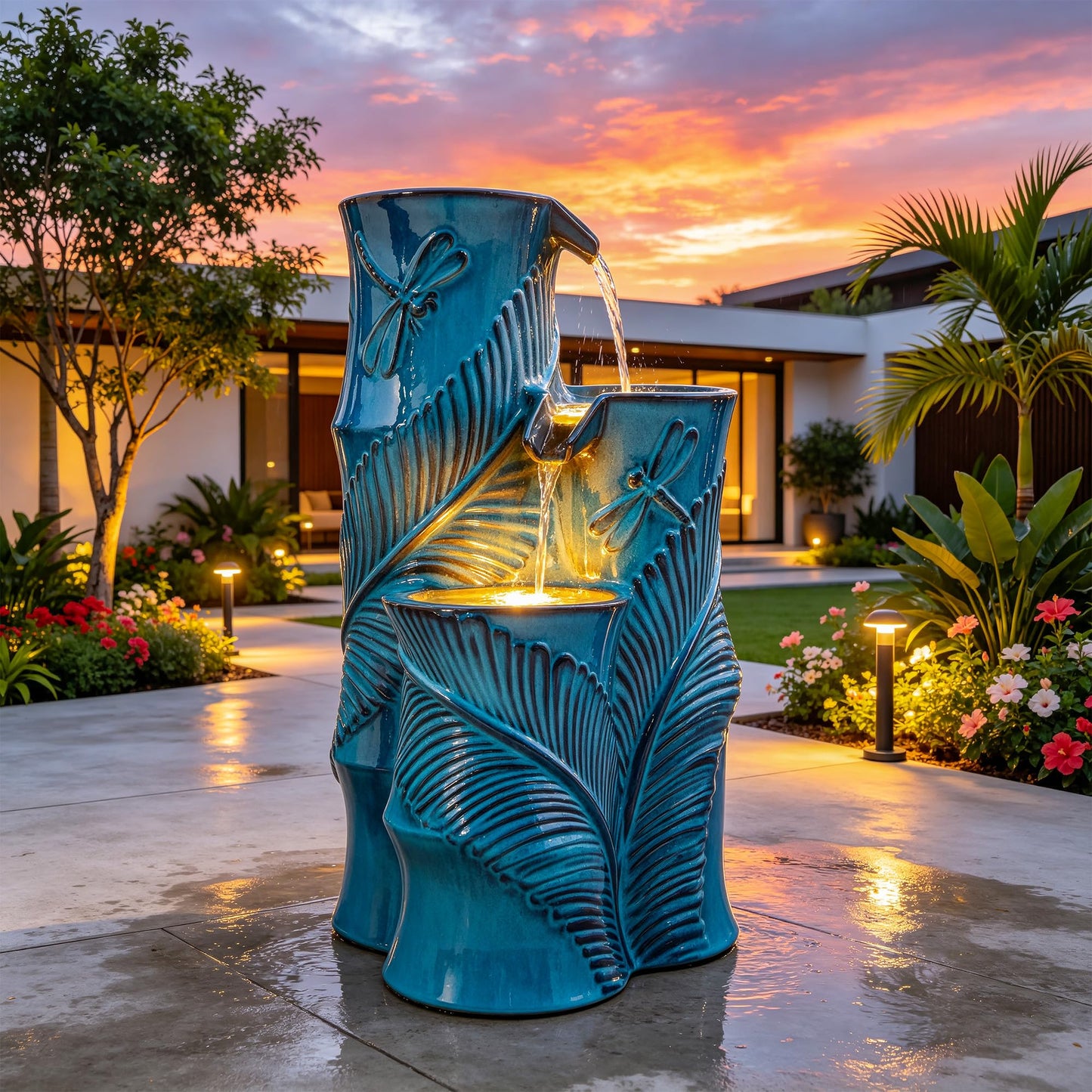 Autodaya Tropical Turquoise Ceramic Outdoor Water Fountain with Lights