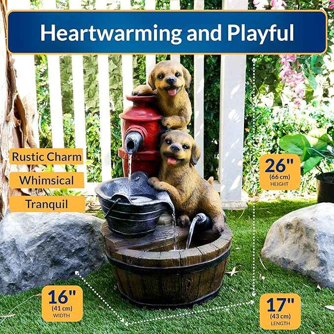 Alpine Corporation GXT986 26" Tall Outdoor Barrel Fountain with Playful Puppies, Cascading Garden Water Feature for Patio, Lawn, or Yard Decor, Brown