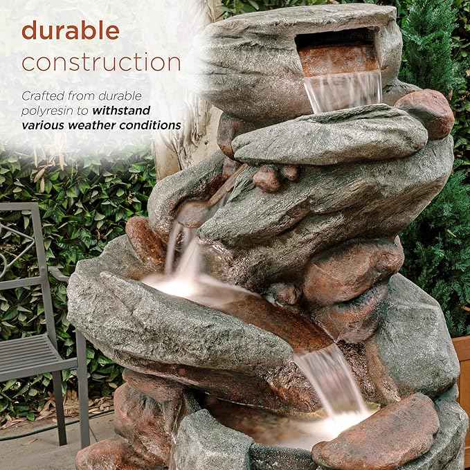 Alpine Corporation WIN1548 Outdoor Floor Cascading Stone Fountain with LED Lights, Tiered Garden Water Fountain, 53" H, Gray