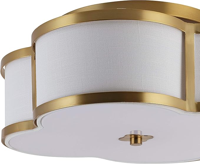 JONATHAN Y 13" Brass Gold Modern Scalloped LED Flush Mount Ceiling Light Fixture, White Linen Shade Quatrefoil Chandelier for Bedroom Living Room Kitchen Hallway Foyer (JYL9508B)