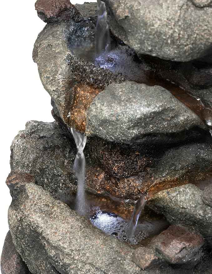 Alpine Corporation TZL154 14" Indoor Tabletop Rainforest Rock Water Fountain with LED Lights, Tiered Desktop Fountain for Home and Office Décor, Gray