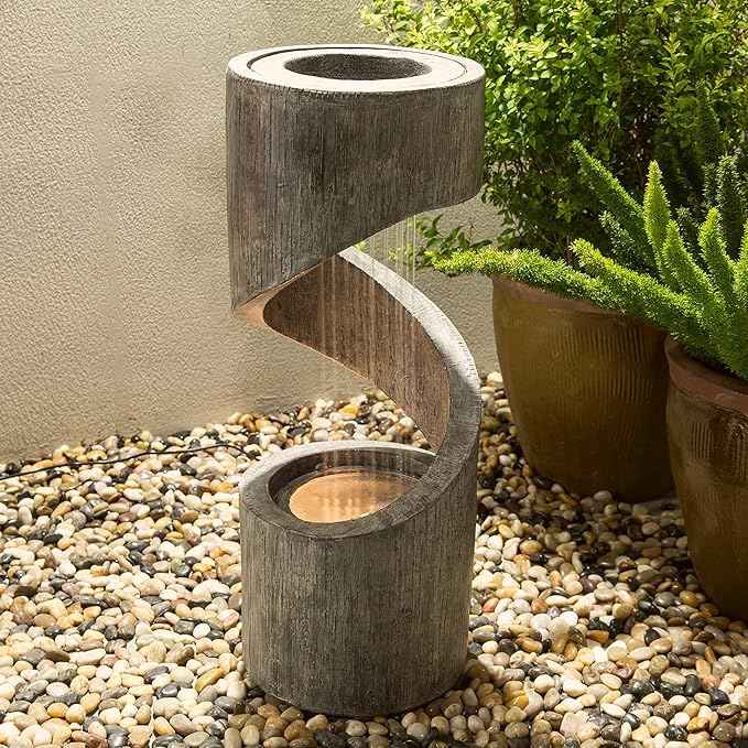 Glitzhome Outdoor Water Fountain with LED Light, Spiral Outdoor Fountain Waterfall with Stone Planter, Modern Curved Freestanding Fountain Water Feature for Garden Patio Backyard, 31.3" H