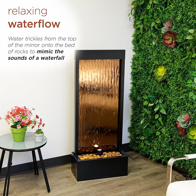 Alpine Corporation 48" Tall Indoor Modern Wall Mounted Zen Mirror Waterfall Floor Fountain with Stones and LED Lights Decor for Office, Living Room, Entryway, Bronze