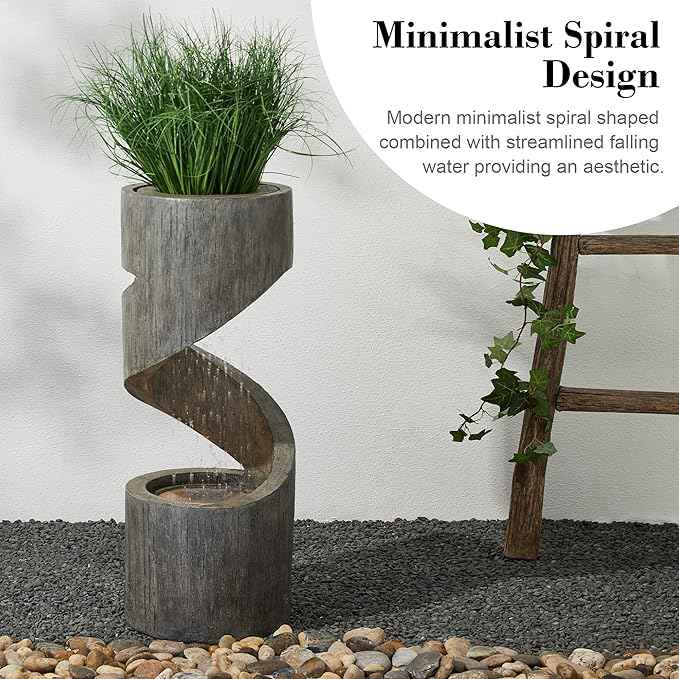 Glitzhome Outdoor Water Fountain with LED Light, Spiral Outdoor Fountain Waterfall with Stone Planter, Modern Curved Freestanding Fountain Water Feature for Garden Patio Backyard, 31.3" H