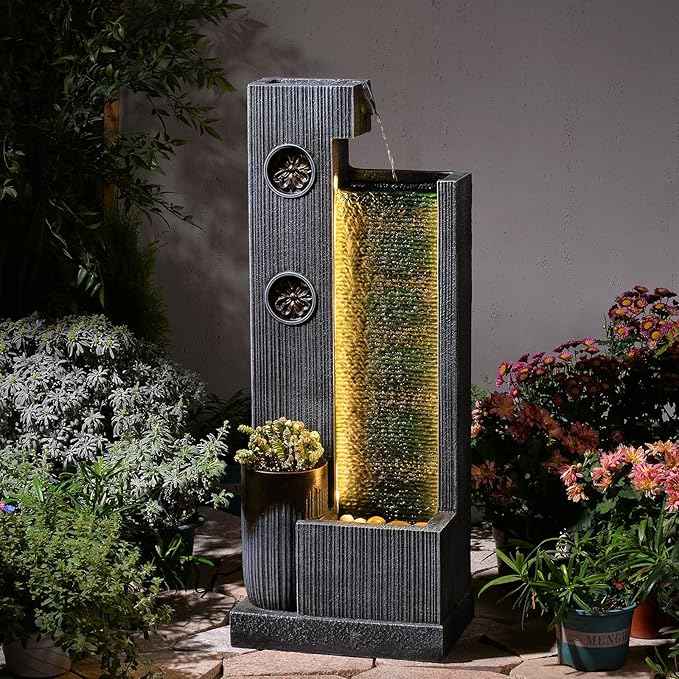 37" H Modern Indoor Water Fountains - Rectangular Outdoor Waterfall Fountain with LED Lights and Pump and Sculpted Flowers for Office, Living Room, Bedroom, Garden and Home Art Decor