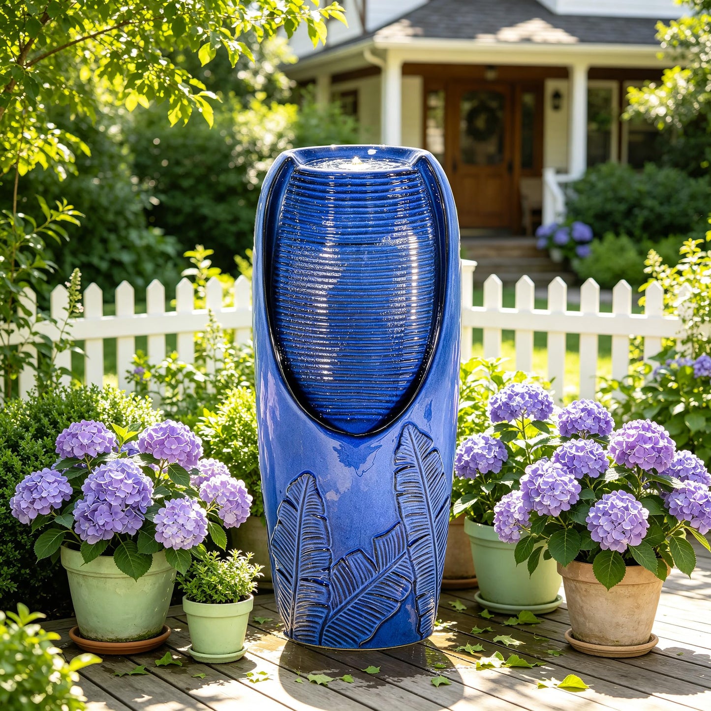 Autodaya 33" H Ceramic Jar Outdoor Water Fountain with Lights