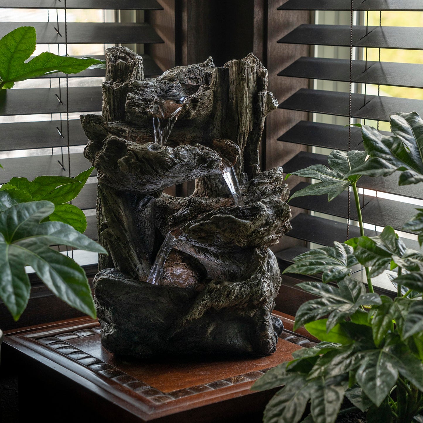 14"H Indoor Tiered Log Tabletop Fountain with LED Lights