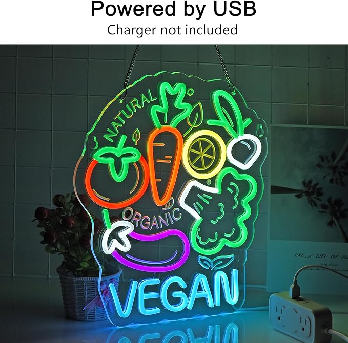 Vegan Neon Sign, Neon Lights Hanging Wall Art Decoration for Business Restaurant Shop Store Bar Cafe Party Home Decor, USB Powered Ultra Bright Dimmable,14.57×12.6inches