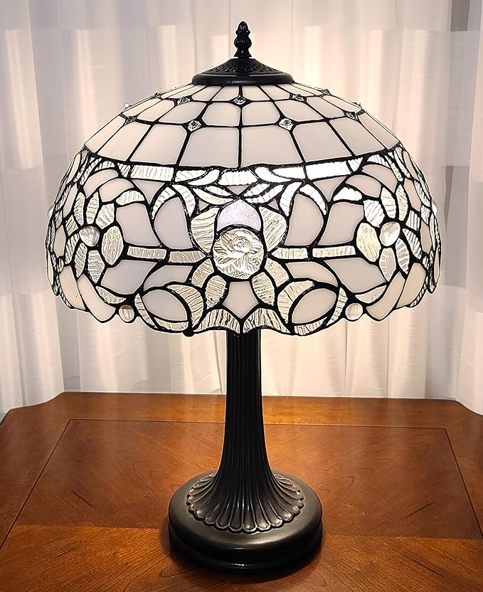Tiffany Style Table Lamp Banker 22" Tall Stained Glass White Grey Mahogany Floral Flower Elegant Vintage Light Décor Bedside Living Room Bedroom Handmade Gift AM316TL16B Amora Lighting