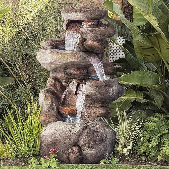 Alpine Corporation | 40" 4-Tier Rock Floor Fountain with Cascading Water & White LED Lights, Tranquil Outdoor Water Feature for Garden, Patio, Yard & Deck, Light Gray