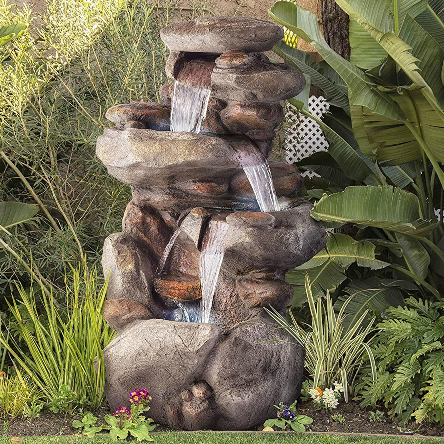 40" 4 Tier Rock Floor Fountain with Cascading Water & White LED Lights