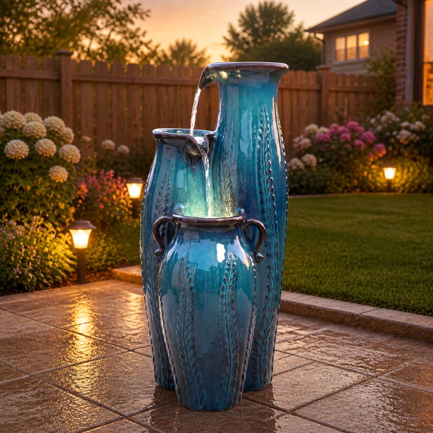 30" Ceramic Vase Water Fountain Outdoor with LED Lights