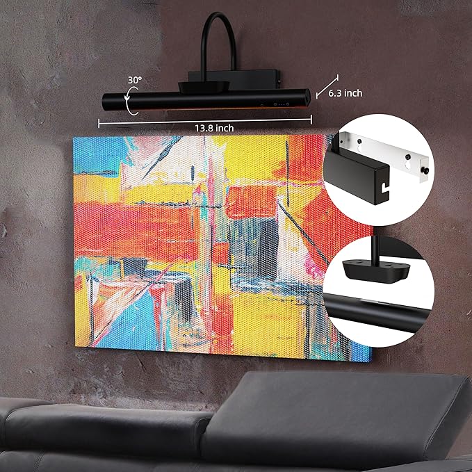 Wireless Picture Light, Battery Operated LED Painting Lights with Remote Control, Dimmable, Timer for Art Frame (Black-13.8inch)