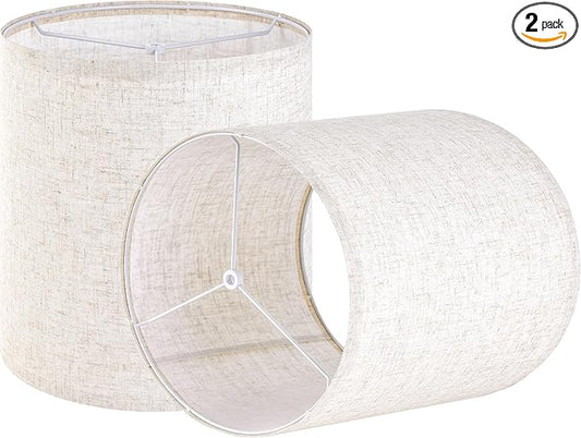Set of 2 Tall Drum Lampshades for Table, Floor & Bedside Lamps - 10 * 10 * 10 inch, Medium Beige Gray Shades - Natural Fabric Spider Fitter - Modern & Rustic Interiors - By GO&SO Assembly Required