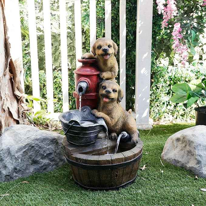 Alpine Corporation GXT986 26" Tall Outdoor Barrel Fountain with Playful Puppies, Cascading Garden Water Feature for Patio, Lawn, or Yard Decor, Brown