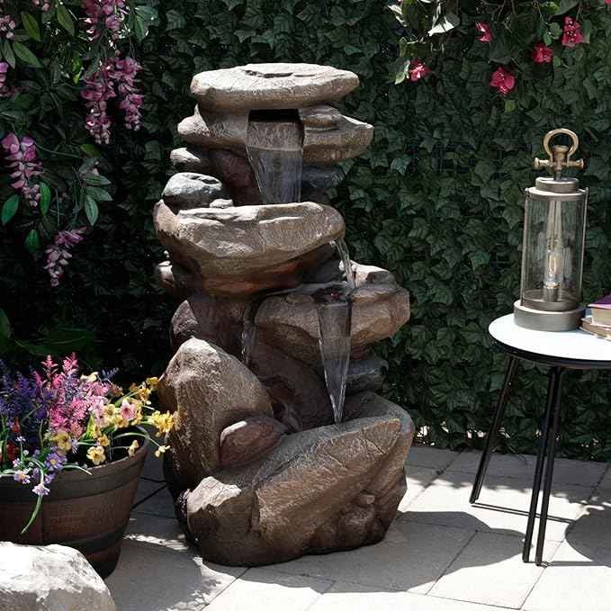 Alpine Corporation 40" Tall Floor Fountain, Tiered Rock Water Feature with Color-Changing LED & Remote, Cascading Streams for a Tranquil Garden, Patio, Yard, Deck, or Porch, Light Brown