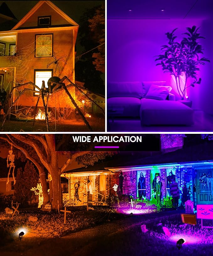 L LOHAS LED Halloween Orange and Purple Spotlights Outdoor, Auto On/Off 5W 120V Landscape Lighting for for House, Holiday, Trees, Decoration, 450LM IP66 Waterproof, UL Listed, 2 Pack - Aura Lighting