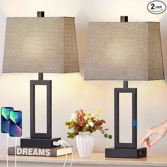 23.5" Touch Control Table Lamps Set of 2, Bedside Lamp with 2 USB Charging Ports & AC Outlet, 3-Way Dimmable Modern Nightstand Lamp for Living Room Bedroom End Table Office(2700K 2 LED Bulbs Included)