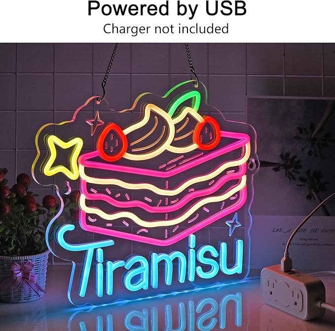 Tiramisu Neon Sign, Neon Lights Hanging Wall Art Decoration for Business Restaurant Shop Store House Bar Cafe Bakery Party Home Decor, USB Powered Ultra Bright Dimmable,14.57×12.2inches