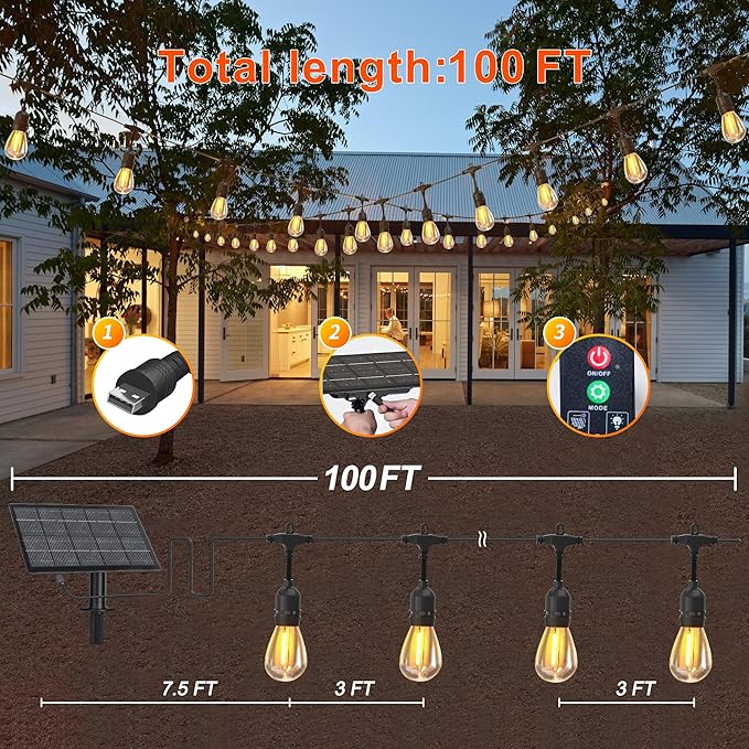 100FT Solar String Lights Outdoor Waterproof with Remote Control Solar Patio Lights 30+2 shatterproof LED E26 S14 Bulbs for Porch Garden Market Bistro Patio Backyard Fence
