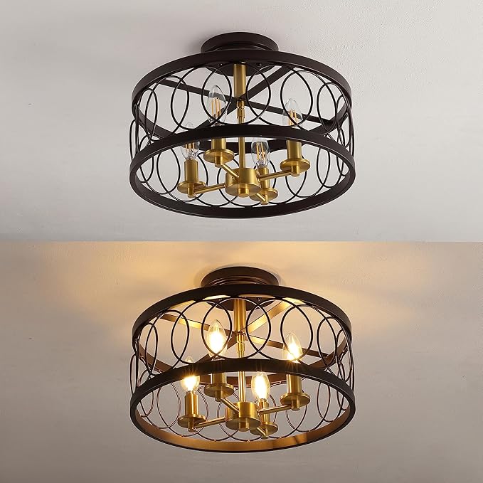 JONATHAN Y 15.5" Oil Rubbed Bronze/Brass Gold 4-Light Metal LED Semi-Flush Mount Ceiling Light, Metal Fretwork Shade for Bedroom Entryway Hallway, Traditional Round Dimmable Fixture (JYL9040B)