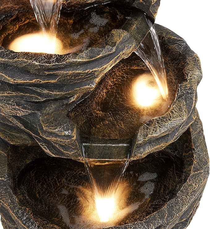 Alpine Corporation 39" Tall Outdoor 5 Tiered Natural Look Rock Water Floor Fountain with Replaceable Lights, Brown