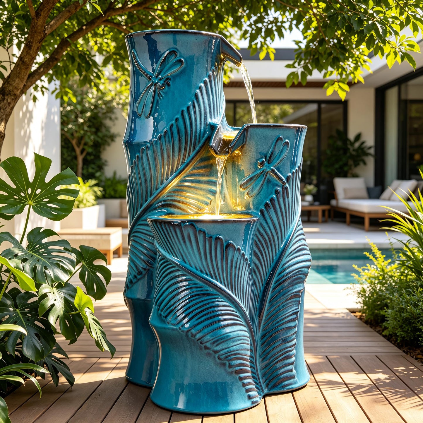 Autodaya Tropical Turquoise Ceramic Outdoor Water Fountain with Lights
