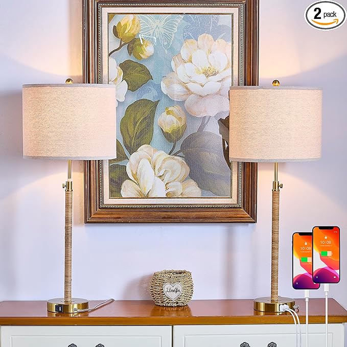 Maxax Rattan Buffet Table Lamp Set of 2 for Living Room, 26" to 33" Height Adjustable Tall Skinny Farmhouse Gold Bedside Nightstand Lamp with USB A+C Ports for Bedroom End Table