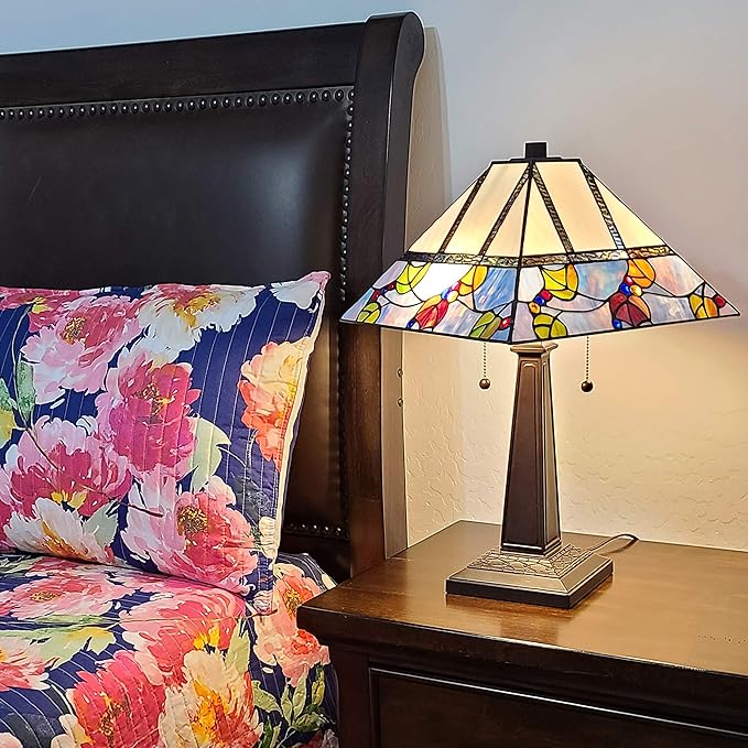 Tiffany Style Table Lamp Banker Mission 22" Tall Stained Glass Tan Blue Red Orange Green Vintage Antique Light Décor Night Stand Living Room Bedroom Handmade Gift AM300TL14B Amora Lighting, Multicolor