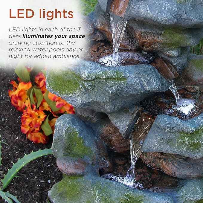 Alpine Corporation 22" Tall 3-Tier Outdoor Rock Waterfall Fountain with LED Lights, Natural Stone Look for Garden, Patio, Yard & Porch Decor, Gray