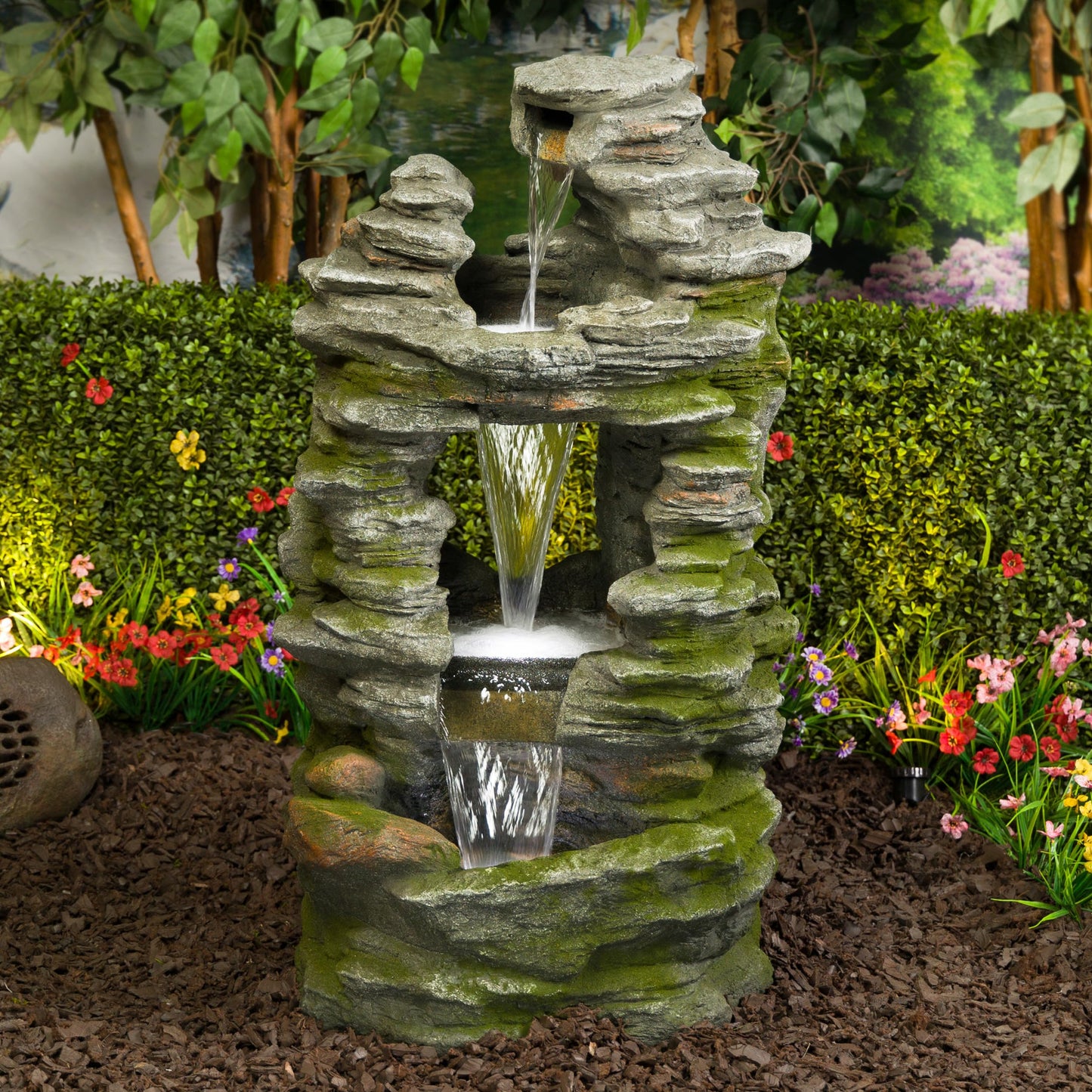 WIN1648 39" Stacked Stone Rainforest Fountain with Cool White LED Lights