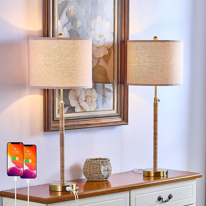 Maxax Rattan Buffet Table Lamp Set of 2 for Living Room, 26" to 33" Height Adjustable Tall Skinny Farmhouse Gold Bedside Nightstand Lamp with USB A+C Ports for Bedroom End Table