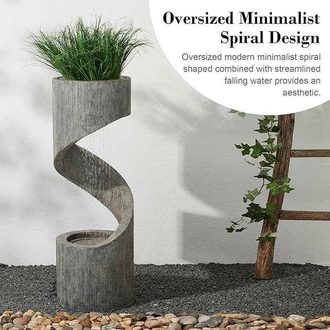 Glitzhome Outdoor Water Fountain with LED Light, Modern Spiral Tiered Outdoor Fountain with Stone Planter, Curved Freestanding Waterfall Fountains for Garden Patio Deck Porch, 40”H