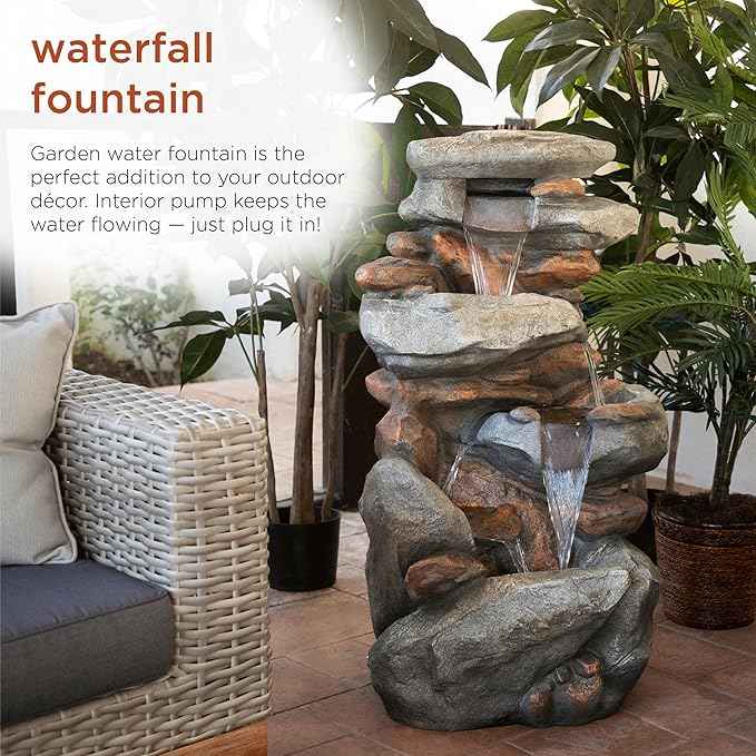 Alpine Corporation | 40" 4-Tier Rock Floor Fountain with Cascading Water & White LED Lights, Tranquil Outdoor Water Feature for Garden, Patio, Yard & Deck, Light Gray