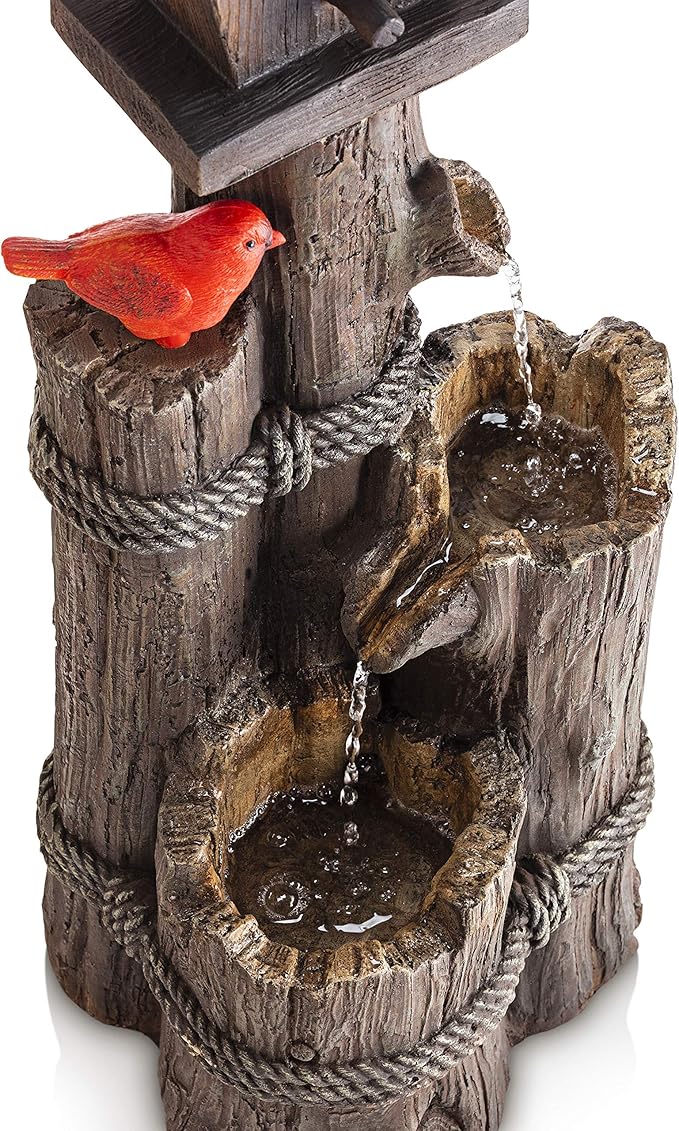 Alpine Corporation 35" Tall Outdoor 3-Tier Birdhouse Water Fountain with Cardinal Accent, Rustic Floor Decor for Garden and Patio, Brown