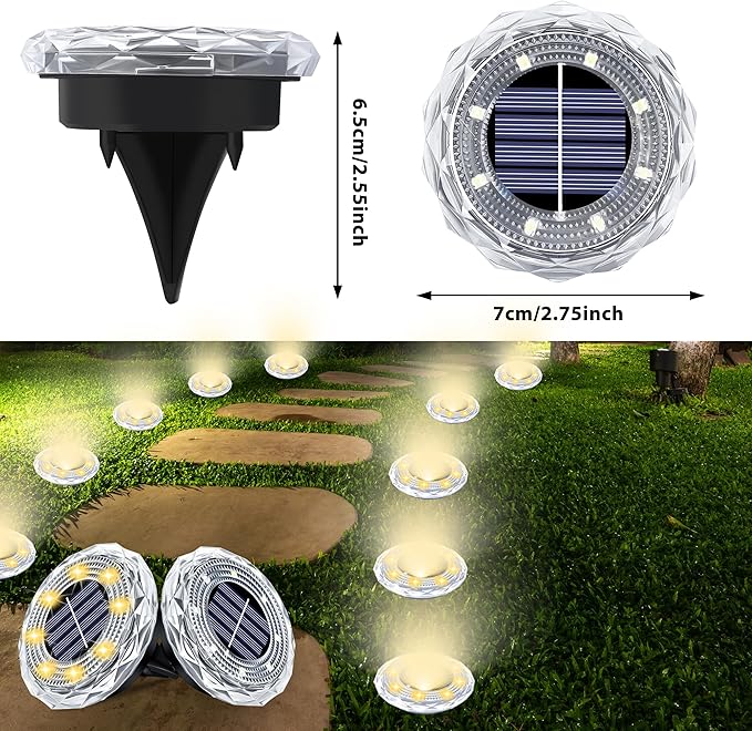 Solar Ground Lights 12 Pack Waterproof Outdoor LED Solar Garden Lights Bright Solar Powered Disc Light In-Ground Landscape Lighting for Patio Pathway Walkway Driveway, Warm White