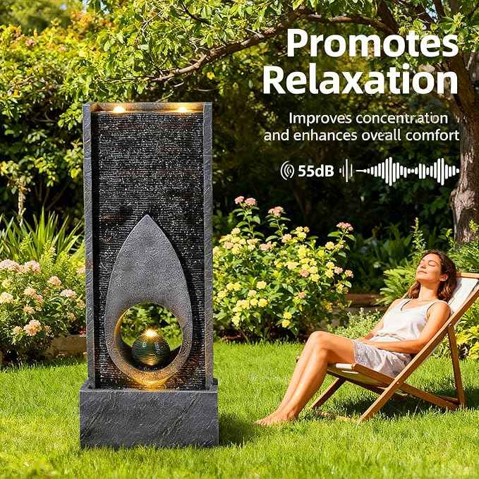 46.5" H Large Indoor Water Fountains - Modern Rectangular with Sphere - Waterfall Fountain for Indoor or Outdoor with LED Lights and Pump for Deck, Patio, Porch, Garden, Yard Decor
