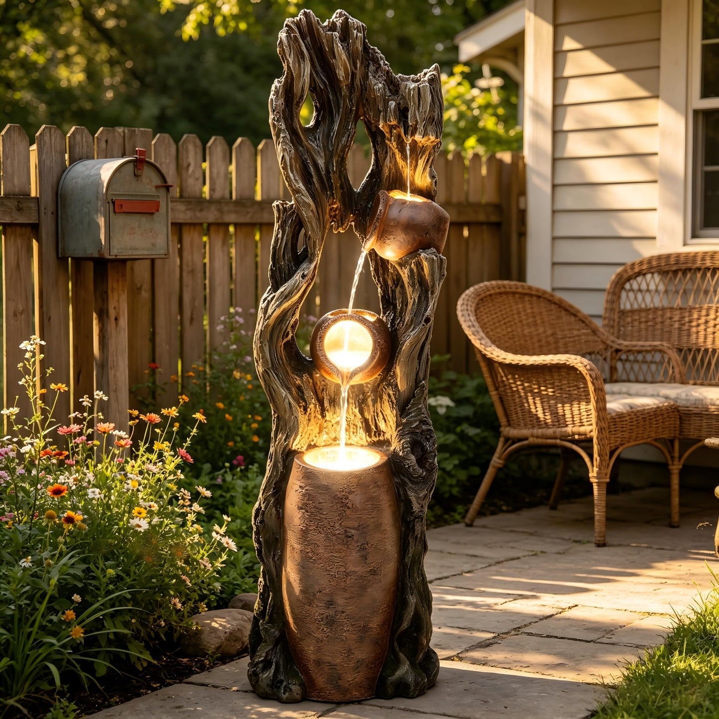 42.7" 3 Tier Outdoor Water Fountain LED Tree Trunk Jar Waterfall