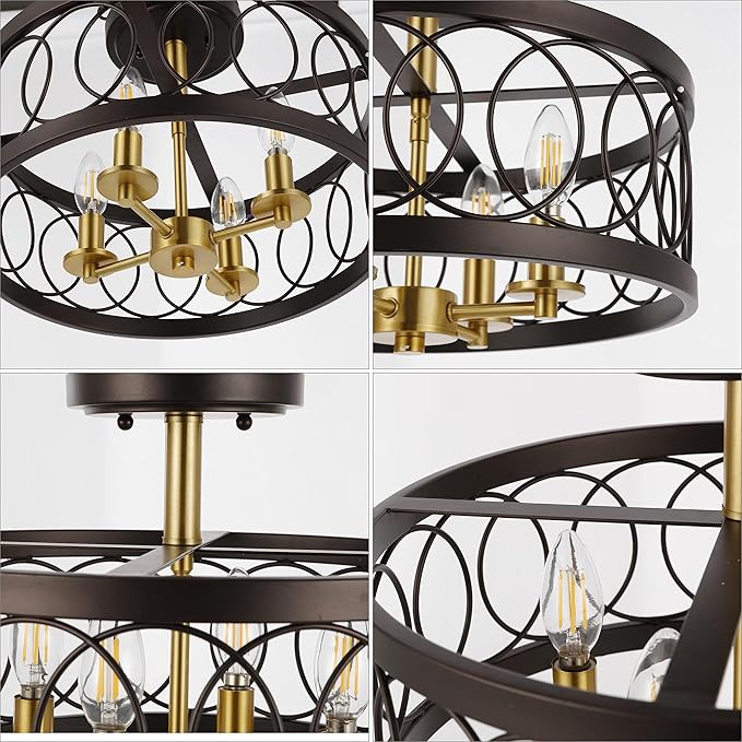 JONATHAN Y 15.5" Oil Rubbed Bronze/Brass Gold 4-Light Metal LED Semi-Flush Mount Ceiling Light, Metal Fretwork Shade for Bedroom Entryway Hallway, Traditional Round Dimmable Fixture (JYL9040B)