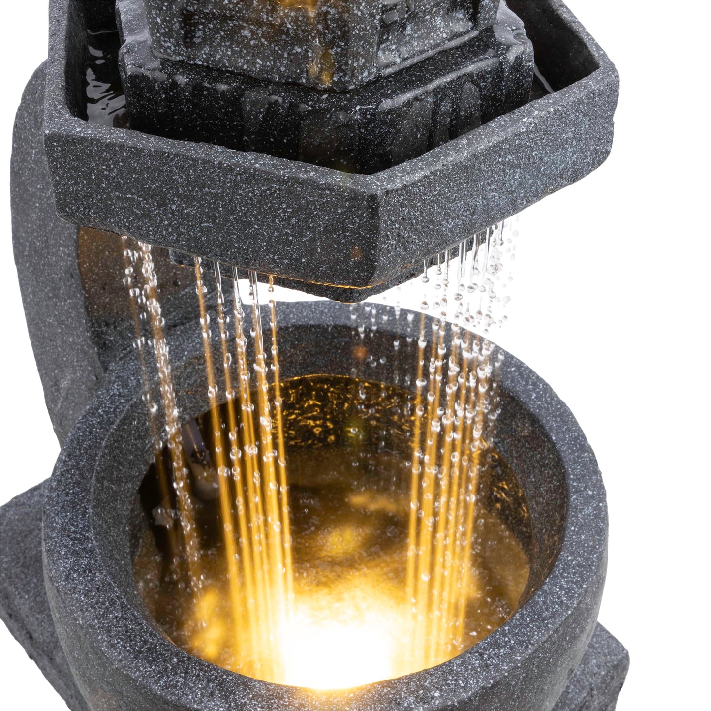 DIG370 31" Outdoor Zen Pagoda Water Fountain with LED Lights & Illuminated Stone Bowl