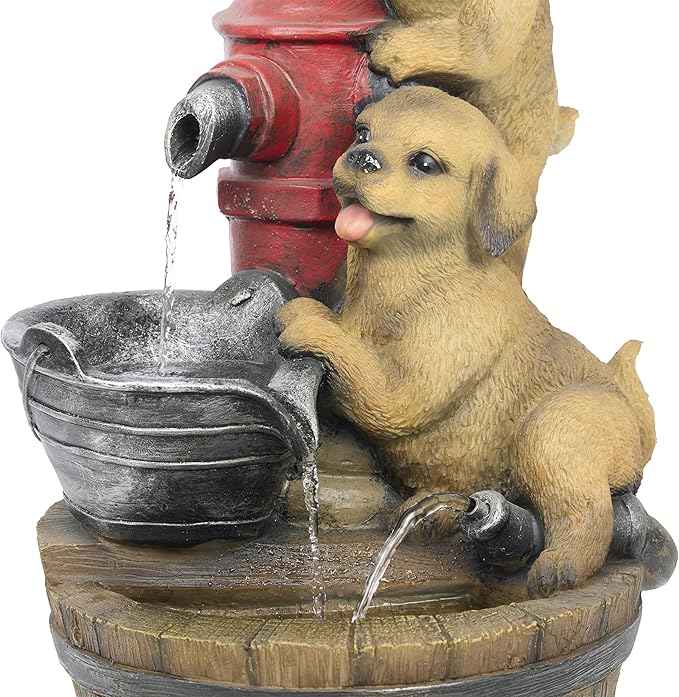 Alpine Corporation GXT986 26" Tall Outdoor Barrel Fountain with Playful Puppies, Cascading Garden Water Feature for Patio, Lawn, or Yard Decor, Brown