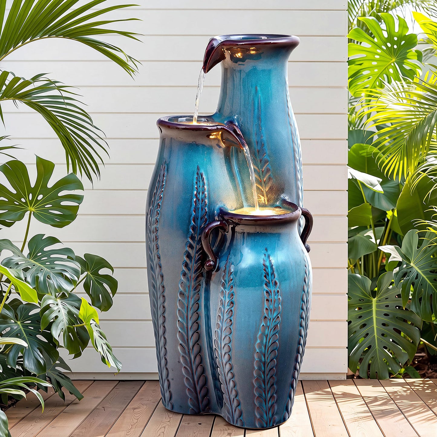 30" Ceramic Vase Water Fountain Outdoor with LED Lights