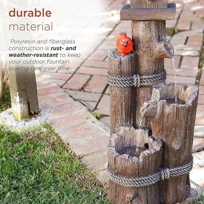 Alpine Corporation 35" Tall Outdoor 3-Tier Birdhouse Water Fountain with Cardinal Accent, Rustic Floor Decor for Garden and Patio, Brown